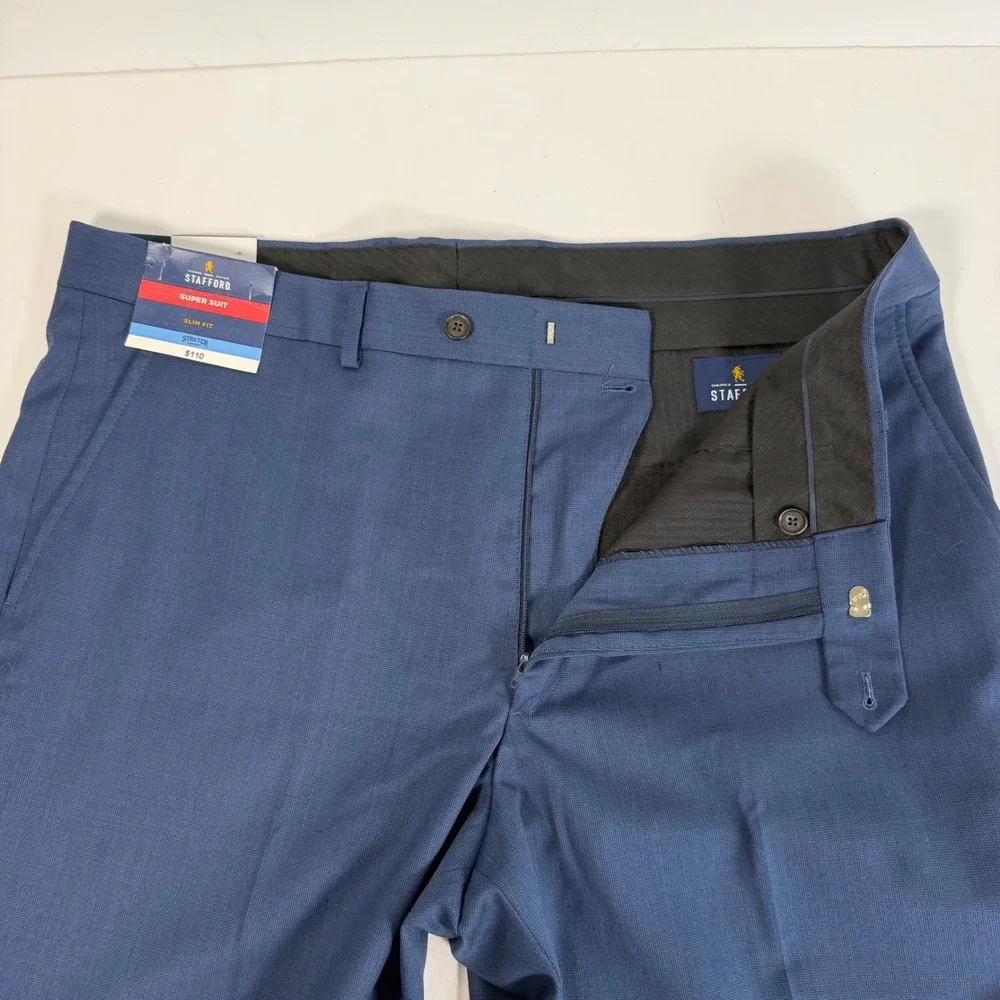 Stafford Super Suit Dress Pants 38x34 Blue Slim Fit Flex Waist Flat Front NWT